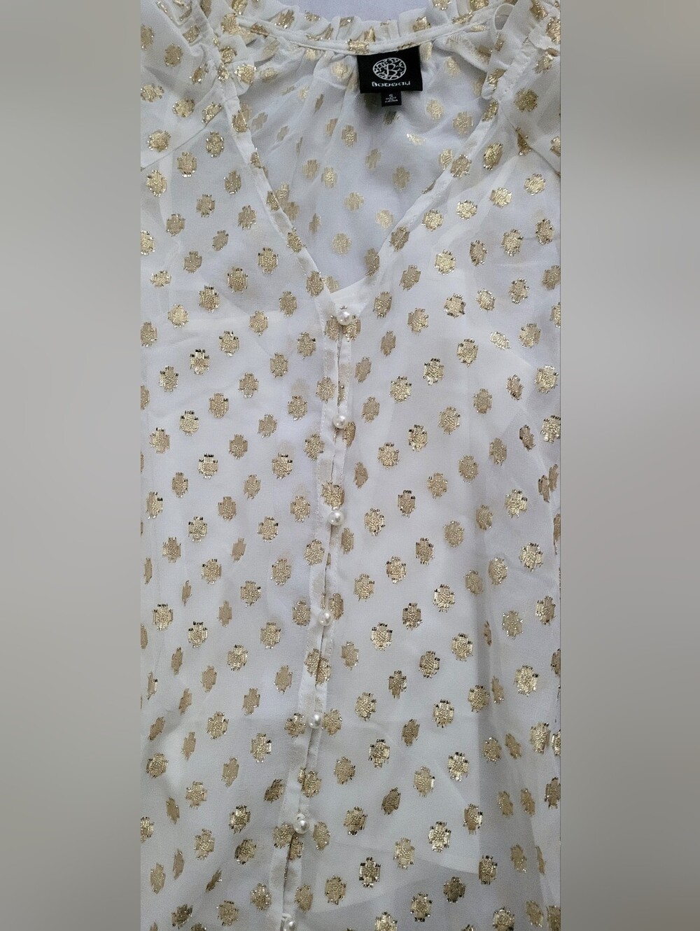NWOT! Polka Dot Fall Top Gold Foil Pearl Embellished Women's Sheer Blouse Small - Picture 6 of 17